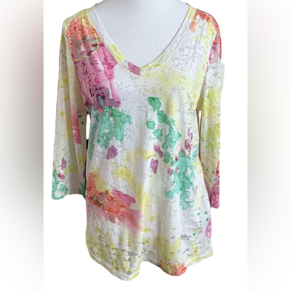 TRIBAL White V-Neck Burn Out Velvet Tie Dyed Vibrant Top T Shirt Size Medium